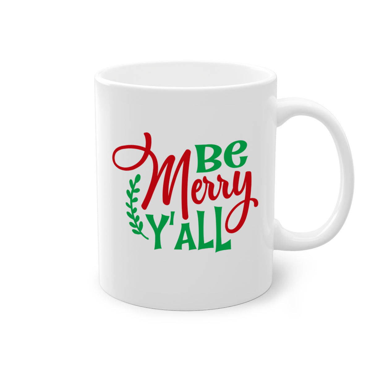 Be Merry Y'all Christmas Mug with colorful handle and glossy finish, available in multiple colors and sizes.