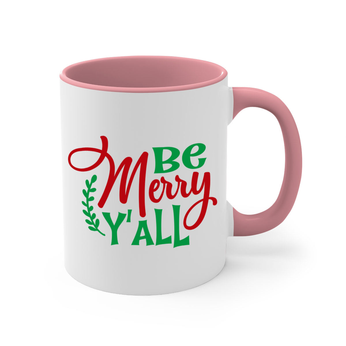 Be Merry Y'all Christmas Mug with colorful handle and glossy finish, available in multiple colors and sizes.
