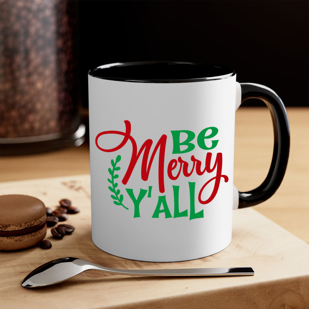 Be Merry Y'all Christmas Mug with colorful handle and glossy finish, available in multiple colors and sizes.