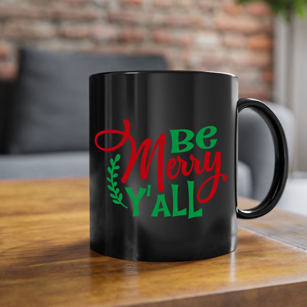 Be Merry Y'all Christmas Mug with colorful handle and glossy finish, available in multiple colors and sizes.