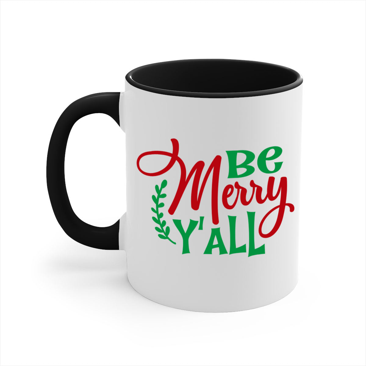 Be Merry Y'all Christmas Mug with colorful handle and glossy finish, available in multiple colors and sizes.