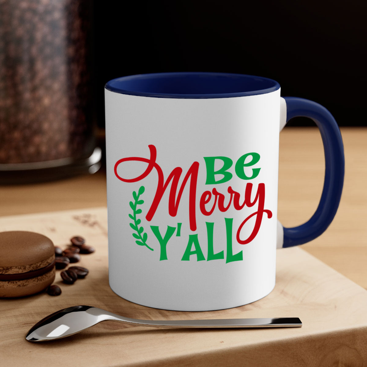 Be Merry Y'all Christmas Mug with colorful handle and glossy finish, available in multiple colors and sizes.