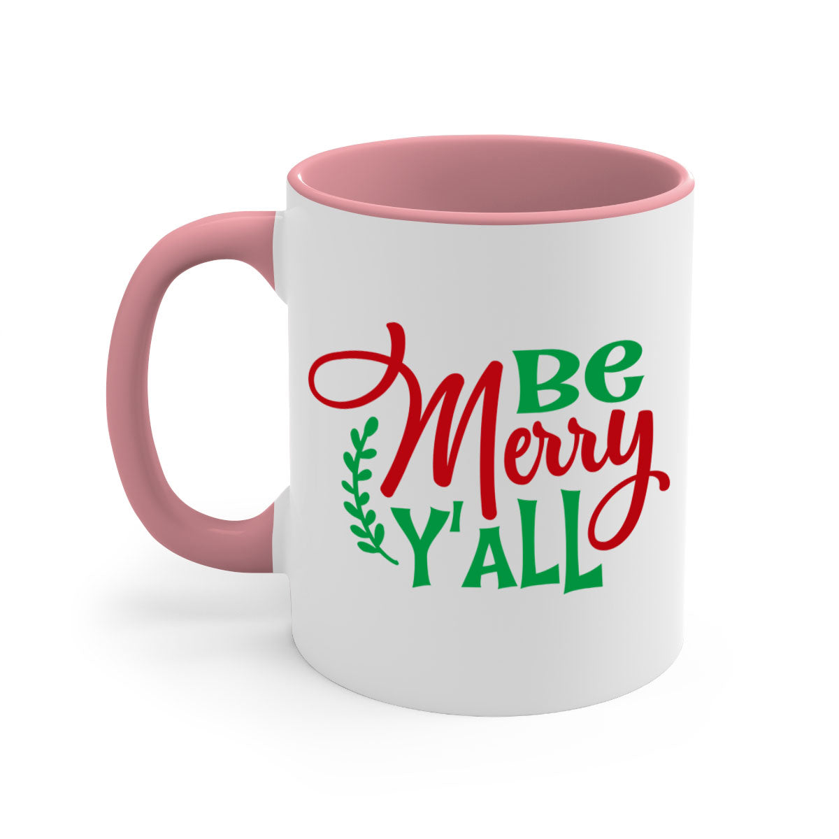 Be Merry Y'all Christmas Mug with colorful handle and glossy finish, available in multiple colors and sizes.