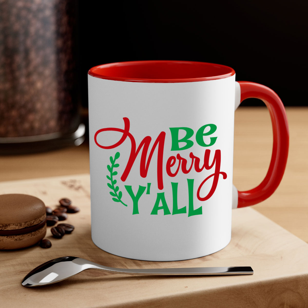 Be Merry Y'all Christmas Mug with colorful handle and glossy finish, available in multiple colors and sizes.