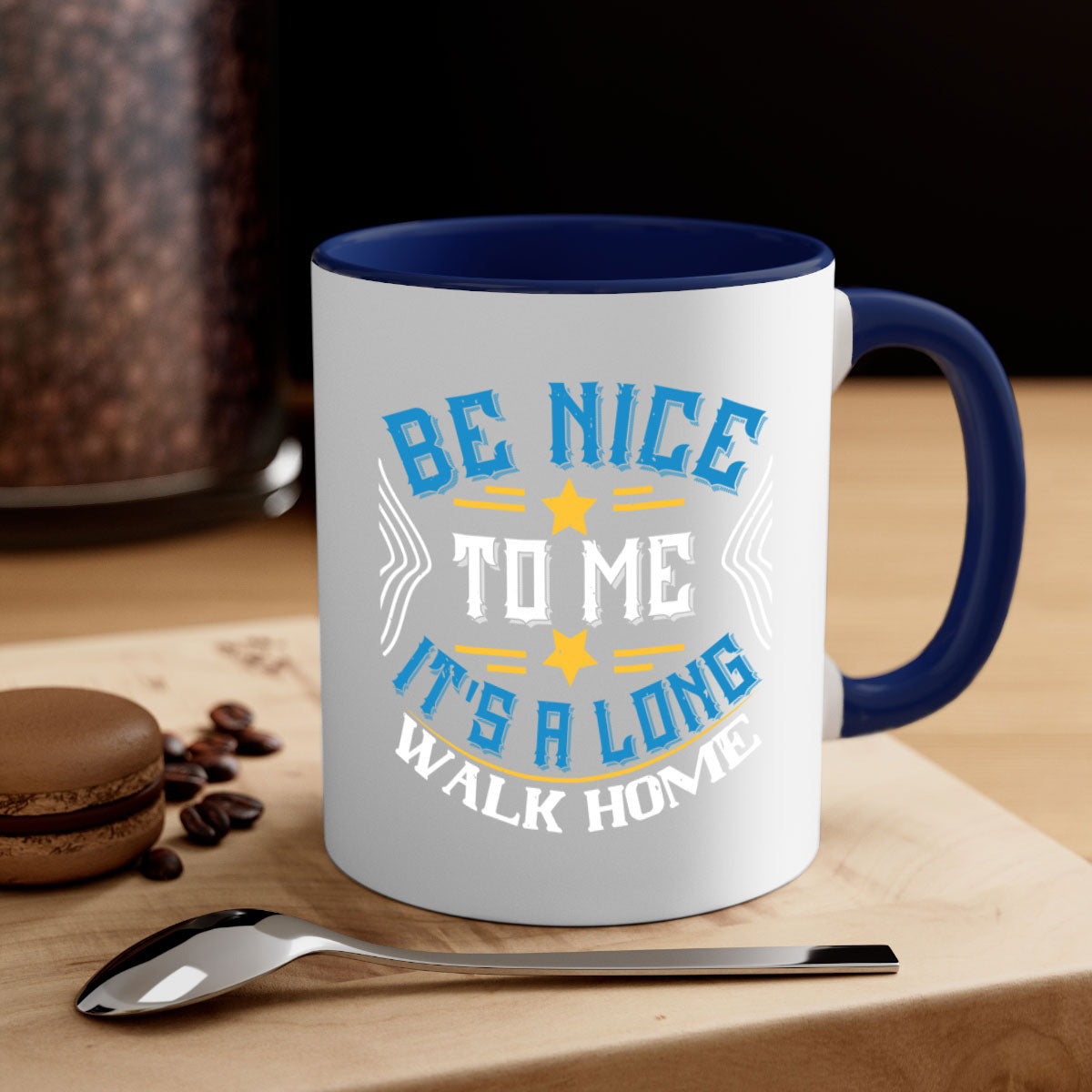 Be Nice to Me It's a Long Walk Home Style 47# Mug with colorful handle and glossy finish, available in multiple sizes.