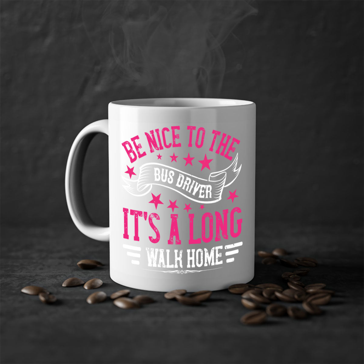 A stylish two-tone ceramic mug with a colored handle and interior, featuring the phrase 'be nice to the bus driver it's a long walk homee'.
