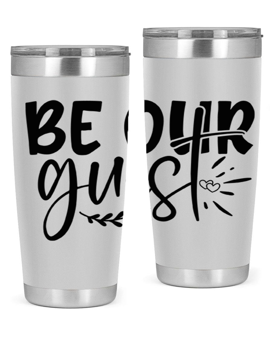 Be Our Guest 20oz Tumbler featuring double wall vacuum insulation and a drink-thru lid, perfect for hot and cold beverages.
