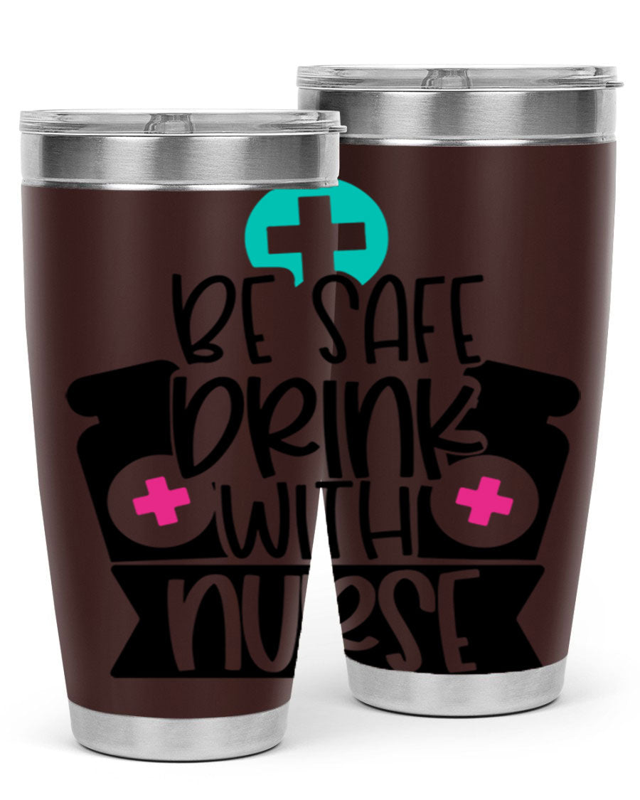 Be Safe Drink With Nurse Style 221# tumbler in stainless steel with a vibrant design, showcasing its double wall vacuum insulation and drink-thru lid.
