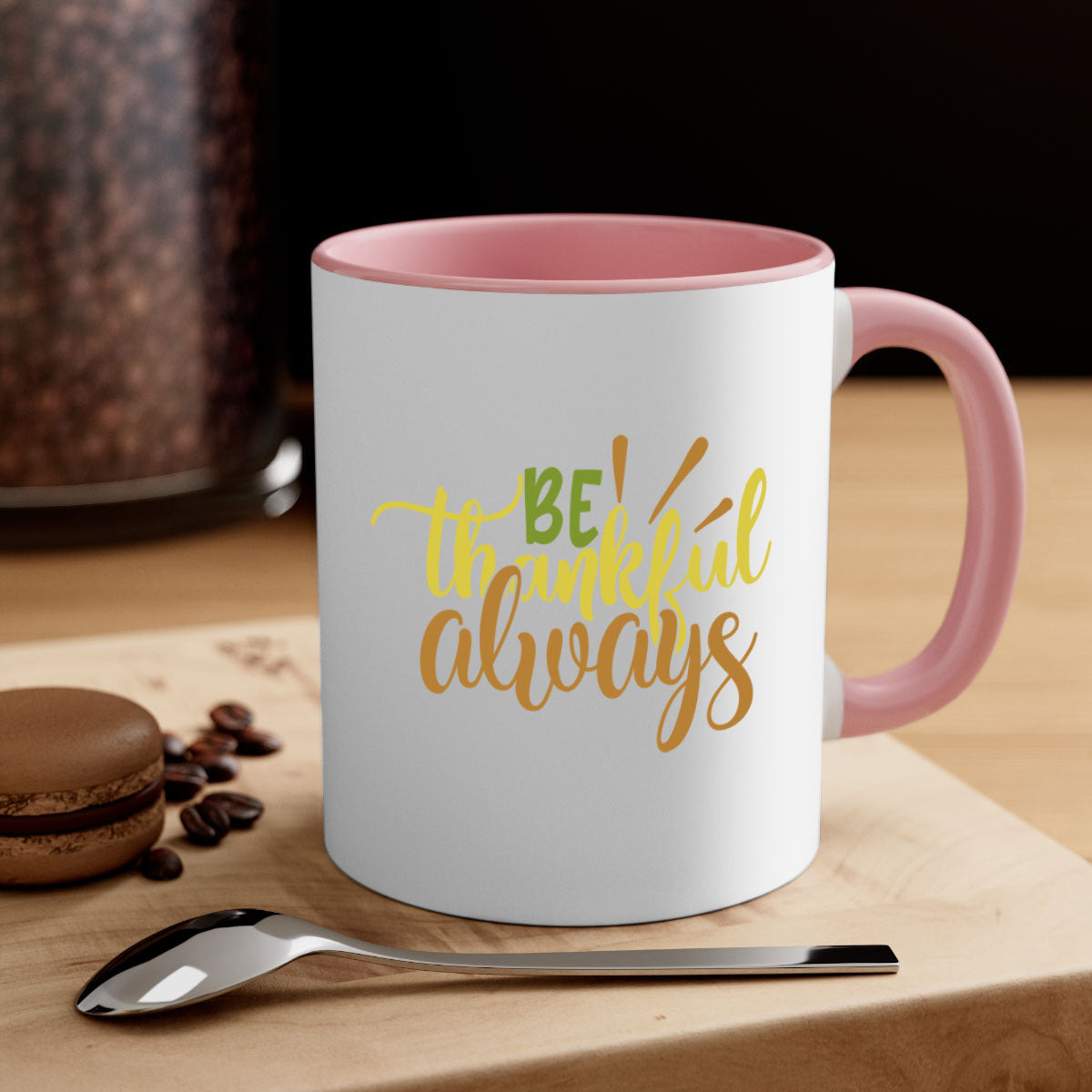 Be Thankful Always Mug featuring a glossy finish, colored handle, and interior, available in five vibrant colors.