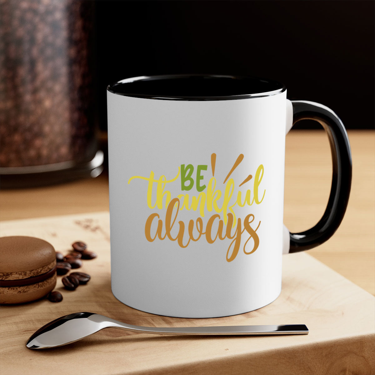 Be Thankful Always Mug featuring a glossy finish, colored handle, and interior, available in five vibrant colors.