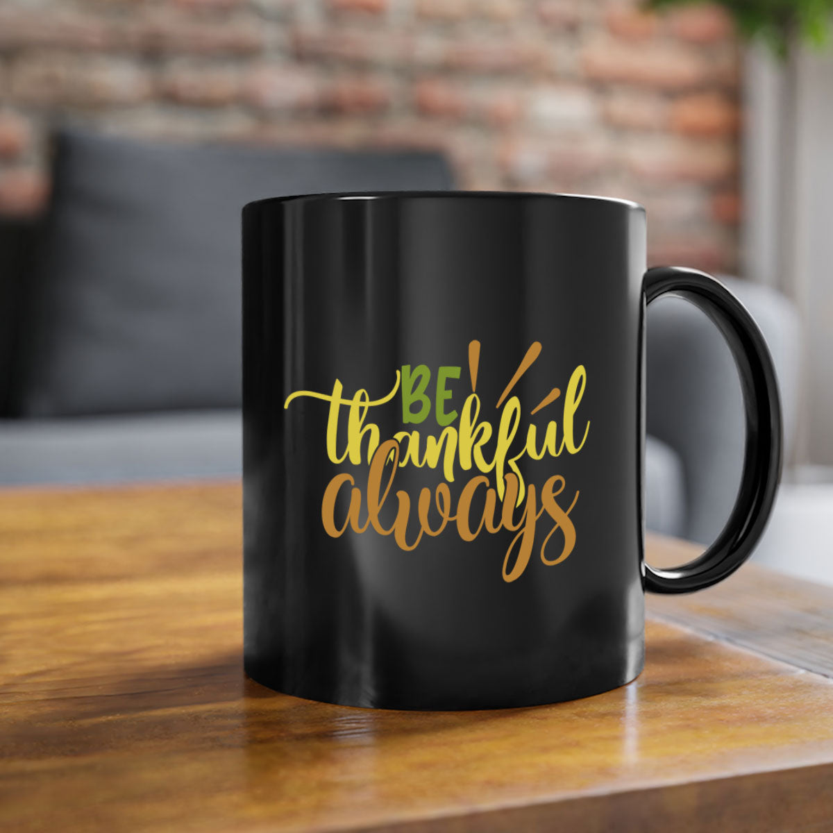 Be Thankful Always Mug featuring a glossy finish, colored handle, and interior, available in five vibrant colors.