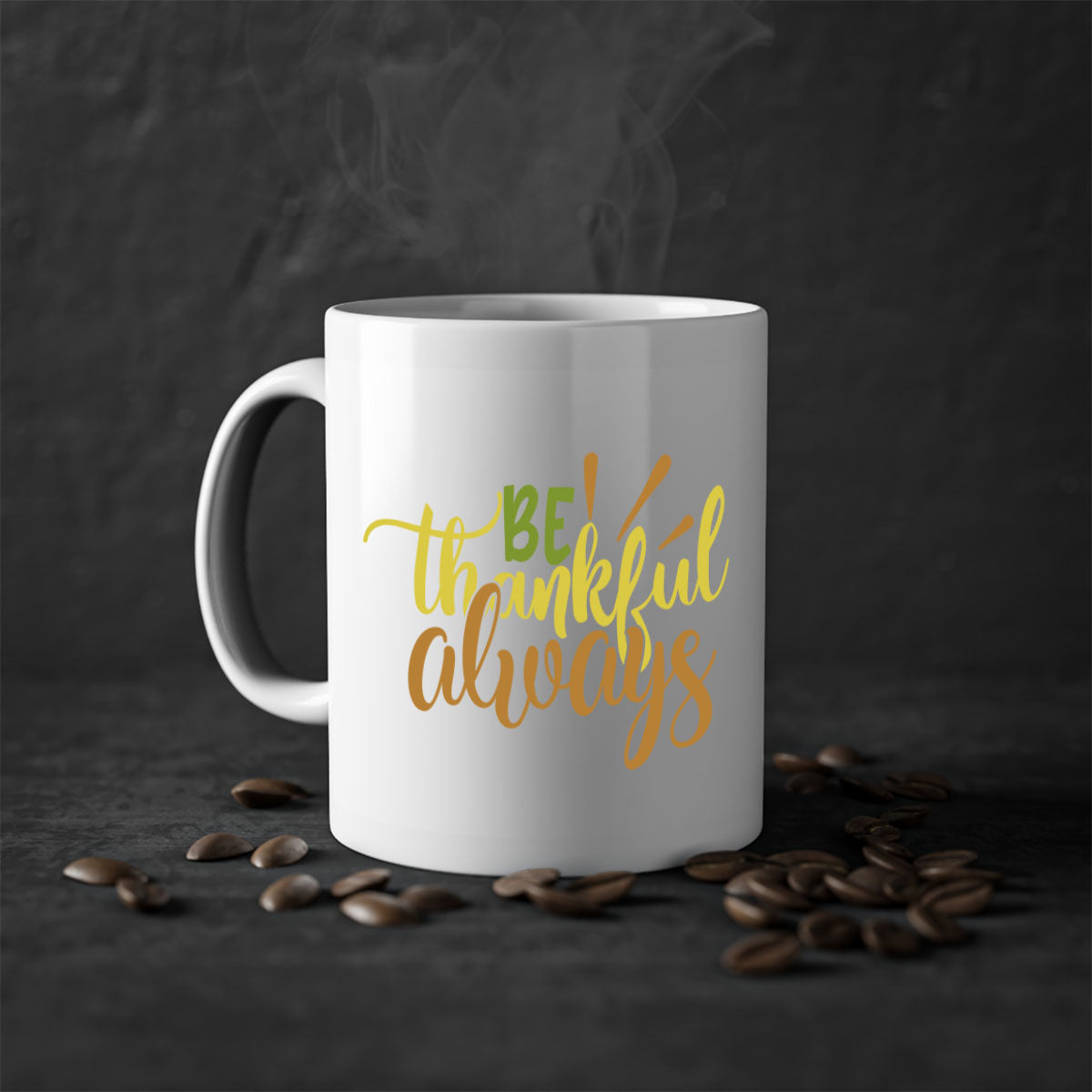 Be Thankful Always Mug featuring a glossy finish, colored handle, and interior, available in five vibrant colors.