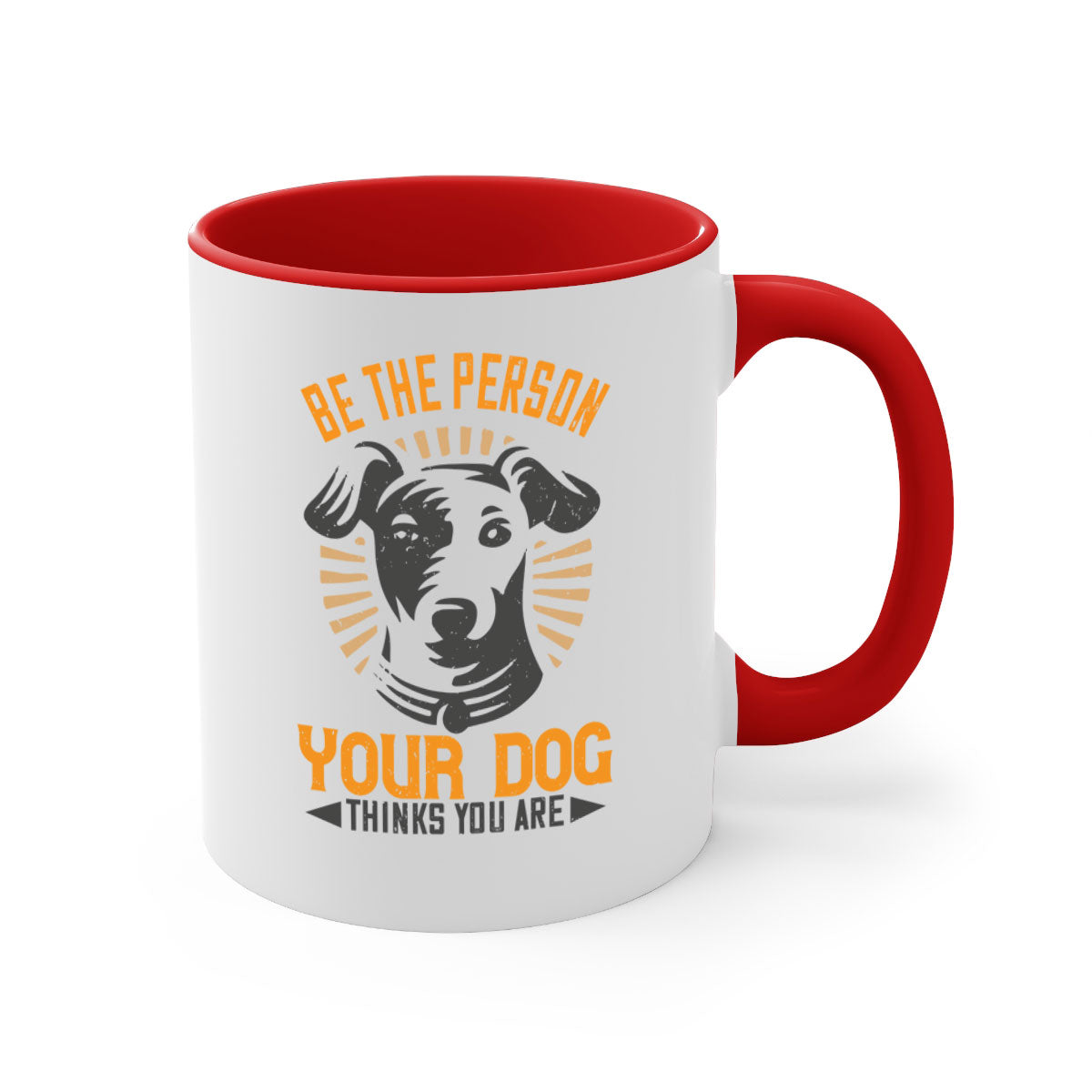 Ceramic coffee mug with a glossy finish featuring the phrase 'Be The Person Your Dog Thinks You Are' in a stylish design with a colored handle.