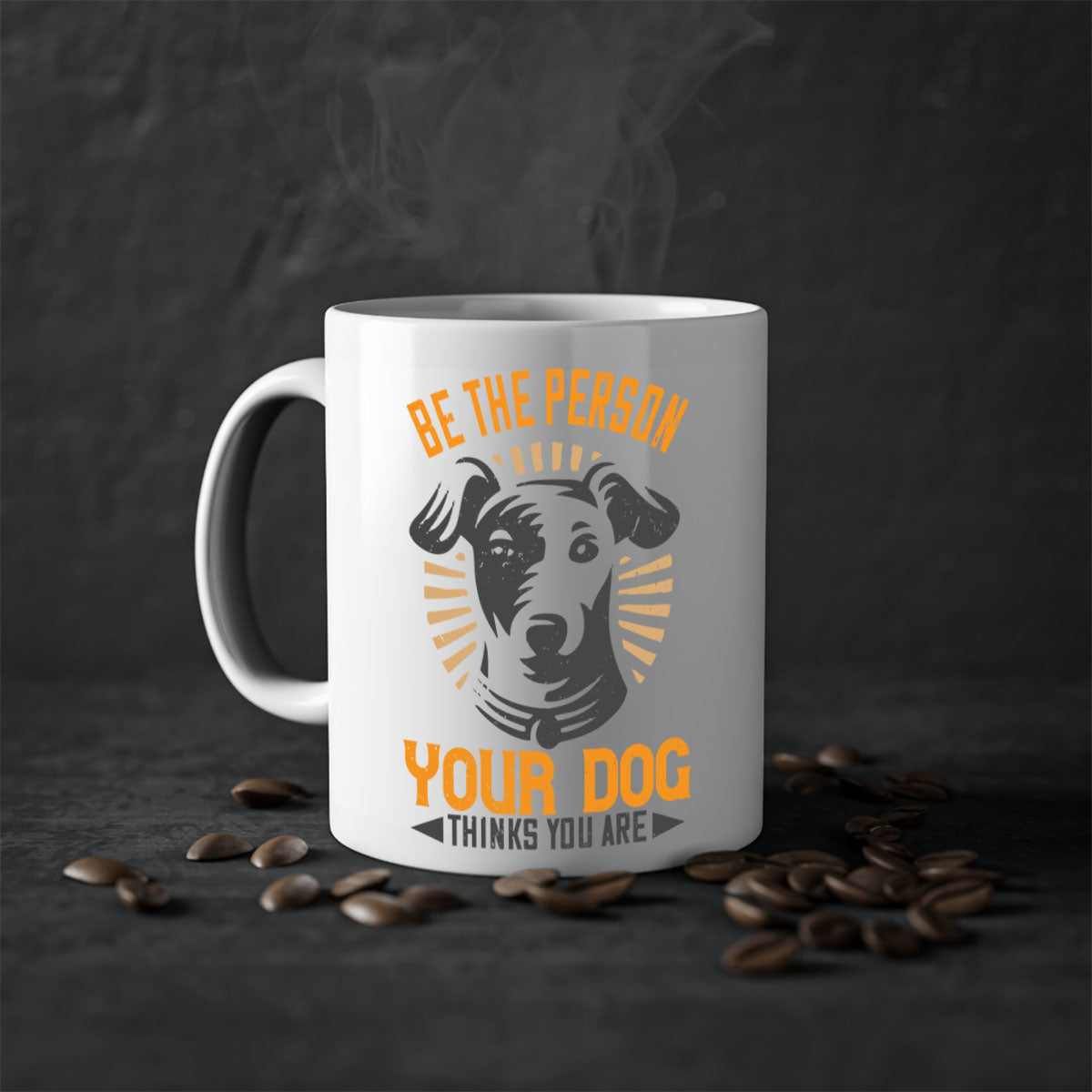 Ceramic coffee mug with a glossy finish featuring the phrase 'Be The Person Your Dog Thinks You Are' in a stylish design with a colored handle.