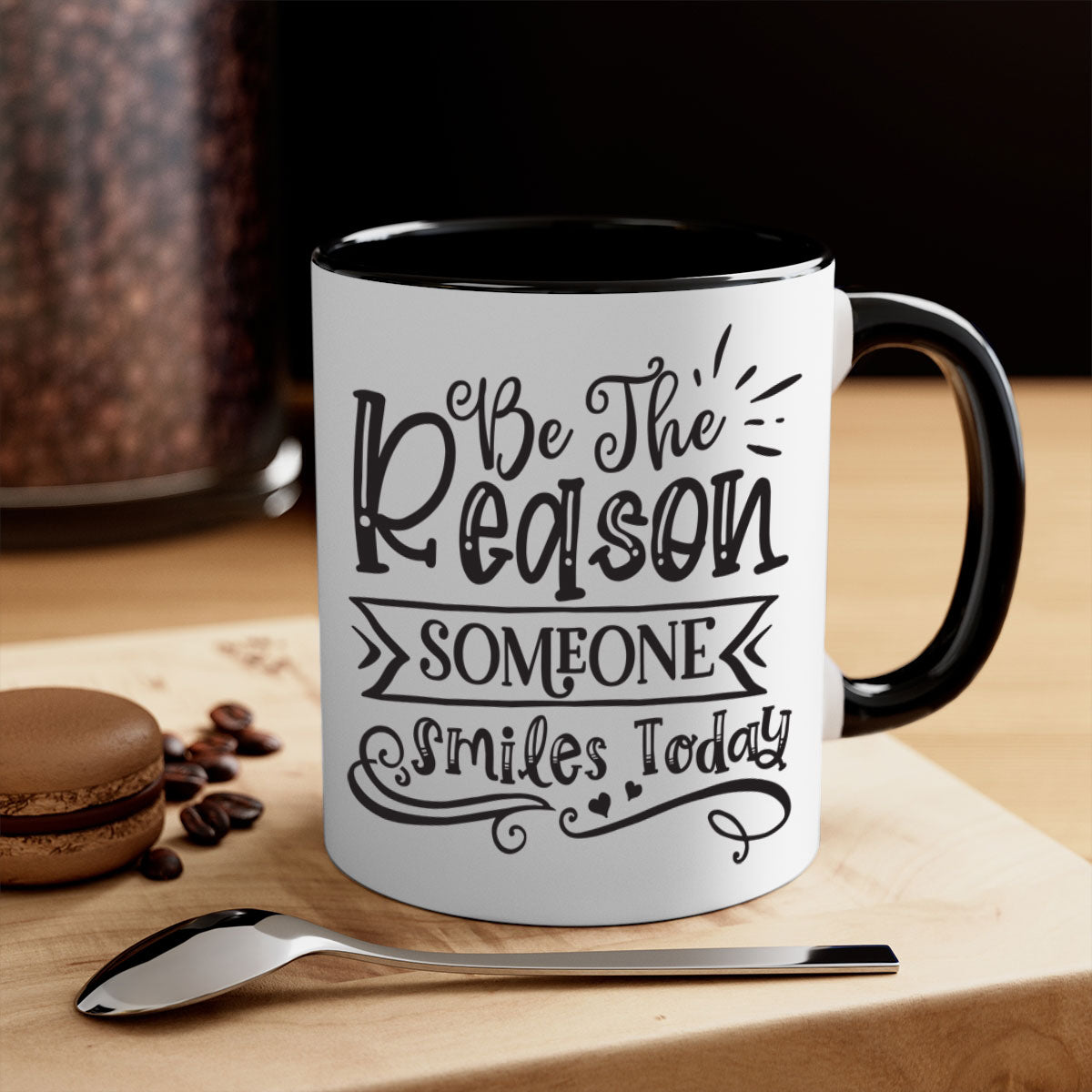 Be The Reason Someone Smiles Today Mug with a glossy finish, featuring a colored handle and interior, available in five colors.