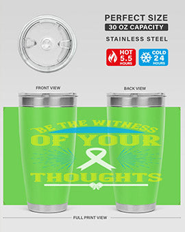 Be the Witness of Your Thoughts tumbler in stainless steel with a stylish design, available in 20oz and 30oz sizes, showcasing its drink-thru lid.