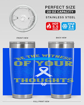 Be the Witness of Your Thoughts tumbler in stainless steel with a stylish design, available in 20oz and 30oz sizes, showcasing its drink-thru lid.