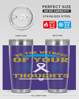 Be the Witness of Your Thoughts tumbler in stainless steel with a stylish design, available in 20oz and 30oz sizes, showcasing its drink-thru lid.