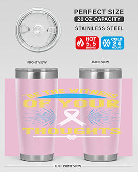 Be the Witness of Your Thoughts tumbler in stainless steel with a stylish design, available in 20oz and 30oz sizes, showcasing its drink-thru lid.