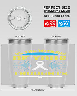 Be the Witness of Your Thoughts tumbler in stainless steel with a stylish design, available in 20oz and 30oz sizes, showcasing its drink-thru lid.