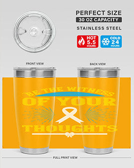 Be the Witness of Your Thoughts tumbler in stainless steel with a stylish design, available in 20oz and 30oz sizes, showcasing its drink-thru lid.