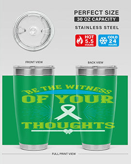 Be the Witness of Your Thoughts tumbler in stainless steel with a stylish design, available in 20oz and 30oz sizes, showcasing its drink-thru lid.