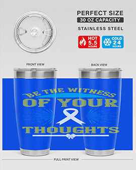 Be the Witness of Your Thoughts tumbler in stainless steel with a stylish design, available in 20oz and 30oz sizes, showcasing its drink-thru lid.