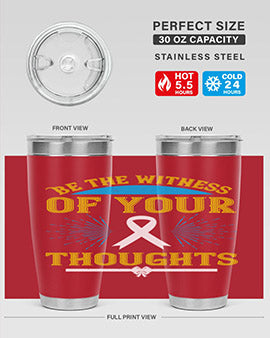 Be the Witness of Your Thoughts tumbler in stainless steel with a stylish design, available in 20oz and 30oz sizes, showcasing its drink-thru lid.
