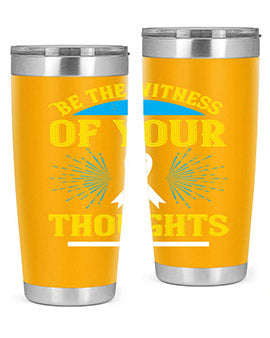 Be the Witness of Your Thoughts tumbler in stainless steel with a stylish design, available in 20oz and 30oz sizes, showcasing its drink-thru lid.