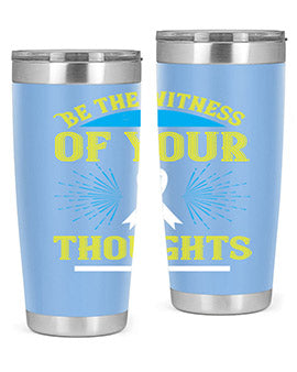 Be the Witness of Your Thoughts tumbler in stainless steel with a stylish design, available in 20oz and 30oz sizes, showcasing its drink-thru lid.