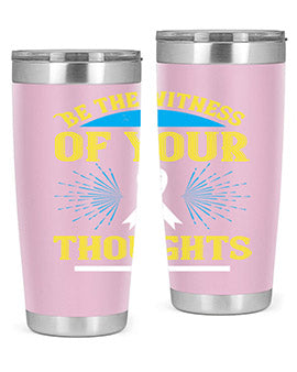 Be the Witness of Your Thoughts tumbler in stainless steel with a stylish design, available in 20oz and 30oz sizes, showcasing its drink-thru lid.