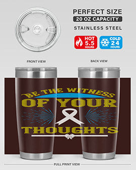 Be the Witness of Your Thoughts tumbler in stainless steel with a stylish design, available in 20oz and 30oz sizes, showcasing its drink-thru lid.