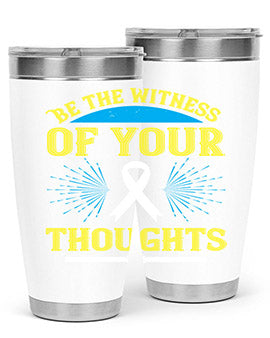 Be the Witness of Your Thoughts tumbler in stainless steel with a stylish design, available in 20oz and 30oz sizes, showcasing its drink-thru lid.