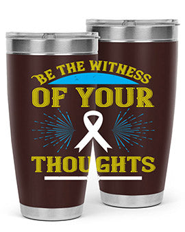 Be the Witness of Your Thoughts tumbler in stainless steel with a stylish design, available in 20oz and 30oz sizes, showcasing its drink-thru lid.