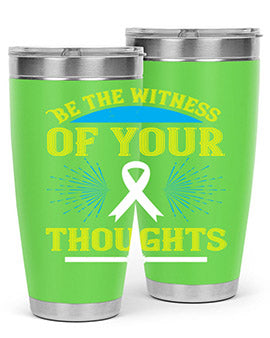 Be the Witness of Your Thoughts tumbler in stainless steel with a stylish design, available in 20oz and 30oz sizes, showcasing its drink-thru lid.
