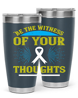 Be the Witness of Your Thoughts tumbler in stainless steel with a stylish design, available in 20oz and 30oz sizes, showcasing its drink-thru lid.