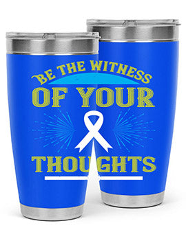 Be the Witness of Your Thoughts tumbler in stainless steel with a stylish design, available in 20oz and 30oz sizes, showcasing its drink-thru lid.