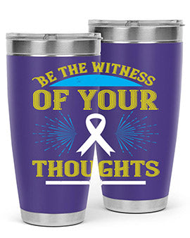 Be the Witness of Your Thoughts tumbler in stainless steel with a stylish design, available in 20oz and 30oz sizes, showcasing its drink-thru lid.