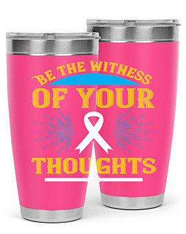 Be the Witness of Your Thoughts tumbler in stainless steel with a stylish design, available in 20oz and 30oz sizes, showcasing its drink-thru lid.