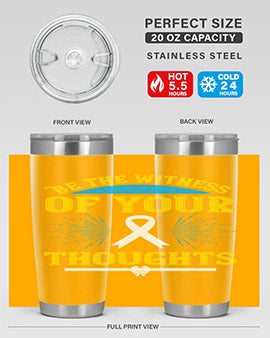 Be the Witness of Your Thoughts tumbler in stainless steel with a stylish design, available in 20oz and 30oz sizes, showcasing its drink-thru lid.