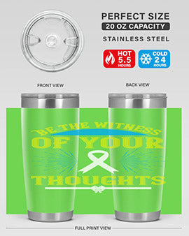 Be the Witness of Your Thoughts tumbler in stainless steel with a stylish design, available in 20oz and 30oz sizes, showcasing its drink-thru lid.