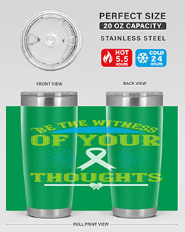 Be the Witness of Your Thoughts tumbler in stainless steel with a stylish design, available in 20oz and 30oz sizes, showcasing its drink-thru lid.