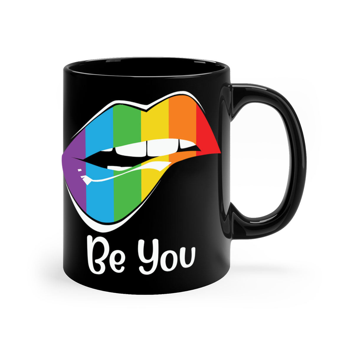Be You LGBTQ Pride Mug with colorful handle and glossy finish, available in multiple colors and sizes.