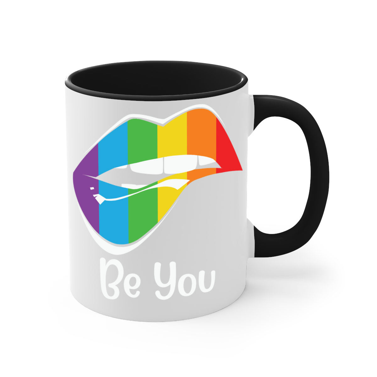 Be You LGBTQ Pride Mug with colorful handle and glossy finish, available in multiple colors and sizes.