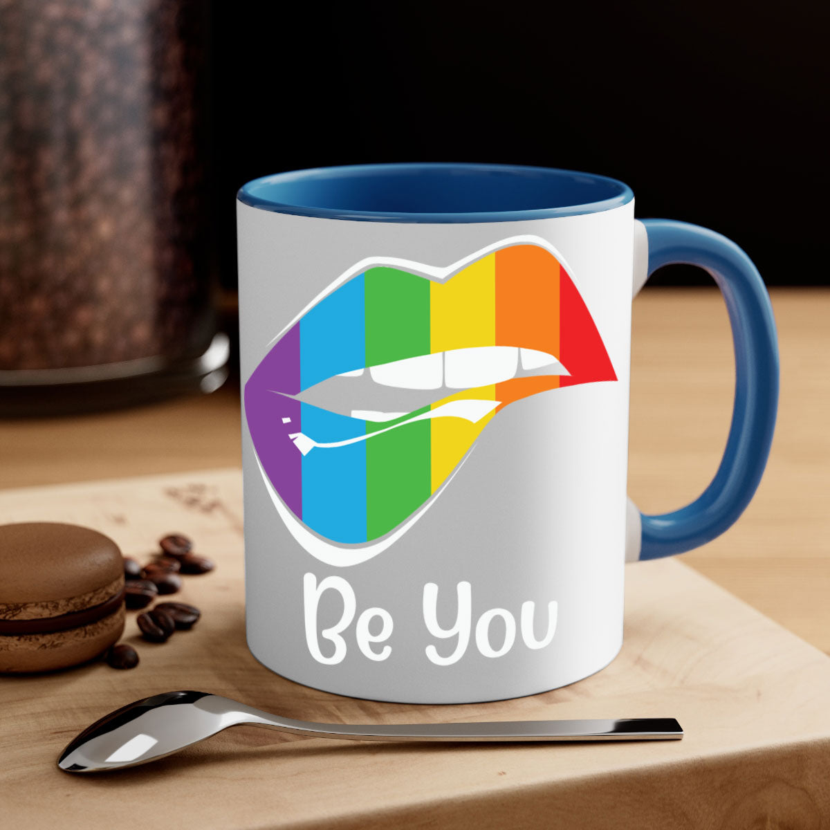 Be You LGBTQ Pride Mug with colorful handle and glossy finish, available in multiple colors and sizes.