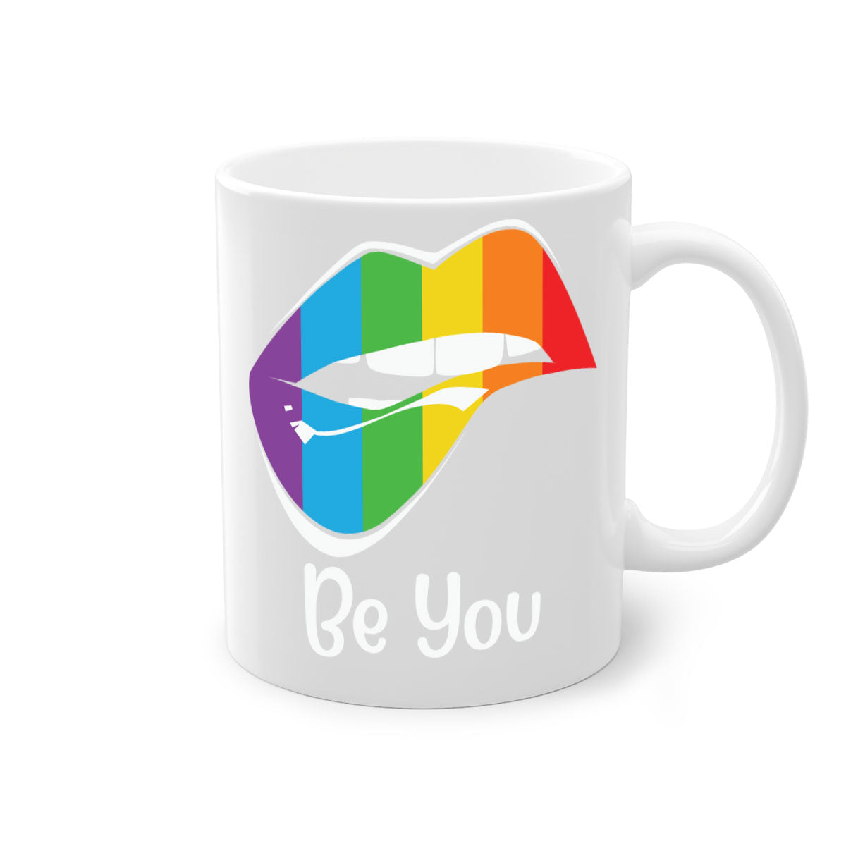 Be You LGBTQ Pride Mug with colorful handle and glossy finish, available in multiple colors and sizes.
