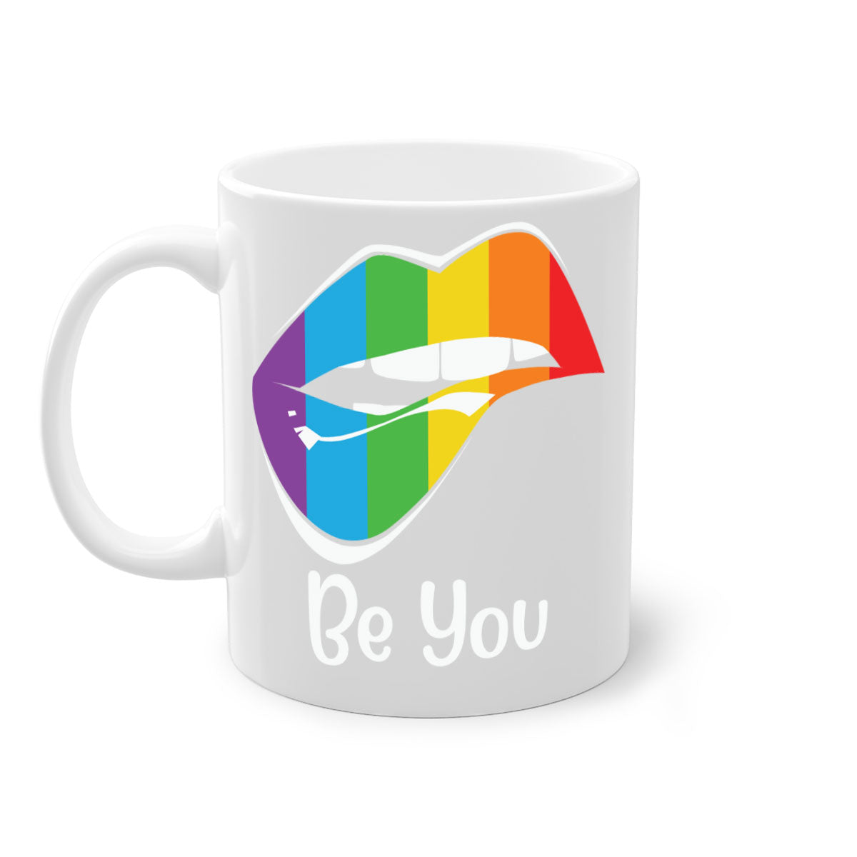 Be You LGBTQ Pride Mug with colorful handle and glossy finish, available in multiple colors and sizes.