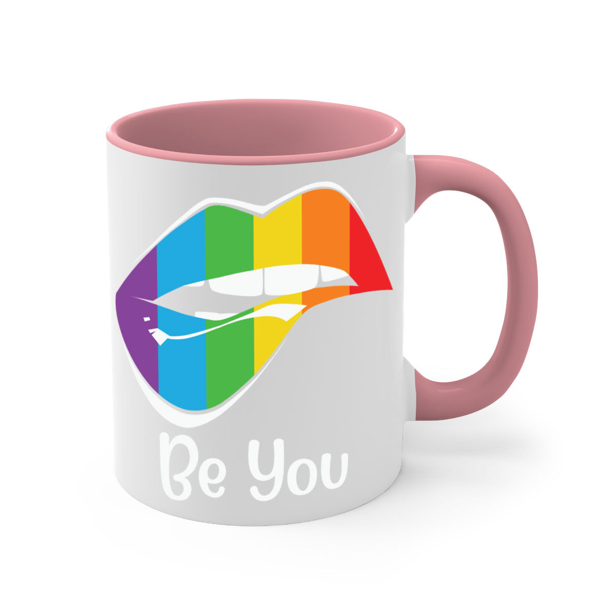 Be You LGBTQ Pride Mug with colorful handle and glossy finish, available in multiple colors and sizes.