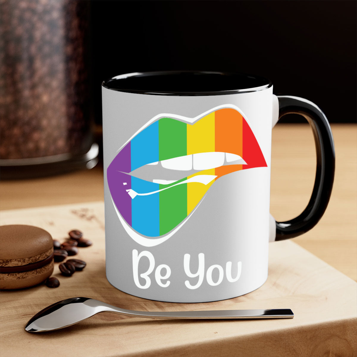 Be You LGBTQ Pride Mug with colorful handle and glossy finish, available in multiple colors and sizes.