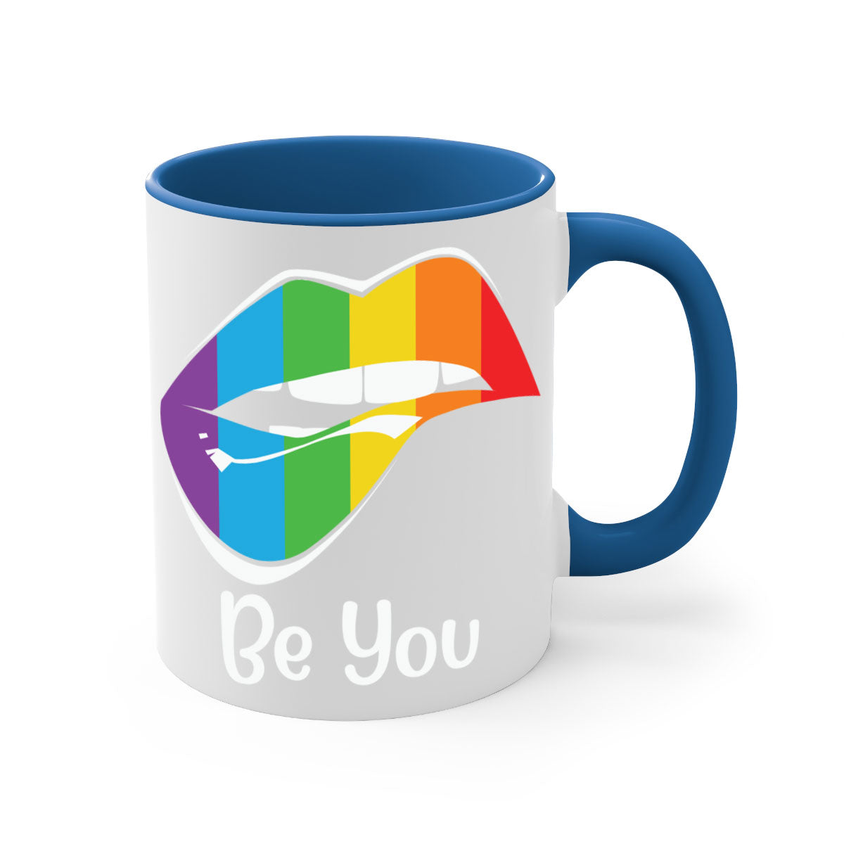 Be You LGBTQ Pride Mug with colorful handle and glossy finish, available in multiple colors and sizes.